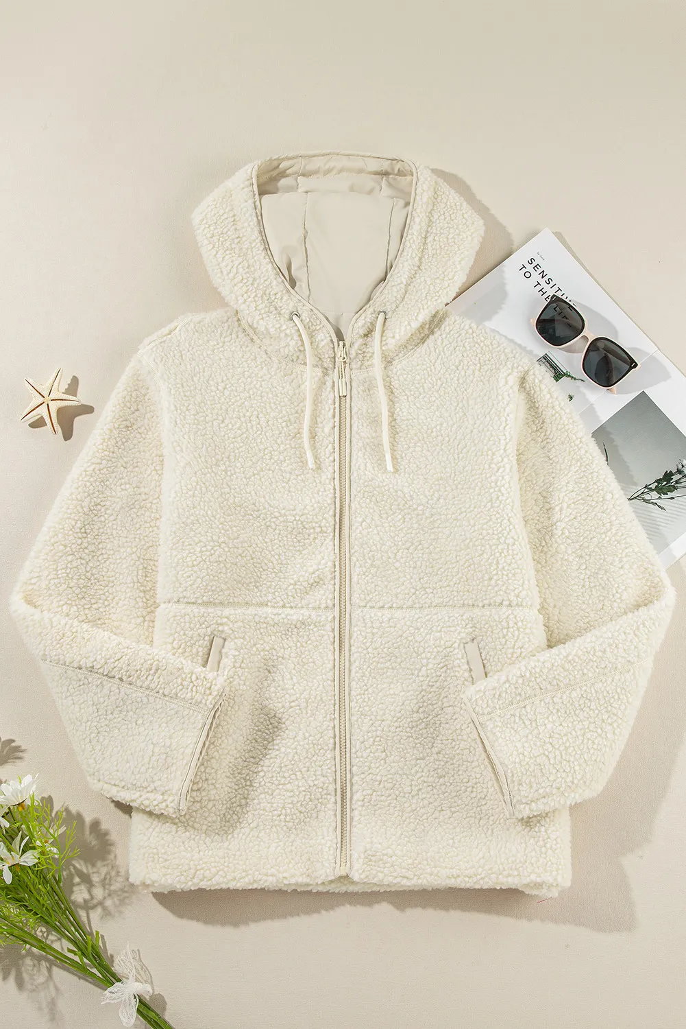 Drawstring Zip Up Long Sleeve Hooded Jacket, image 3