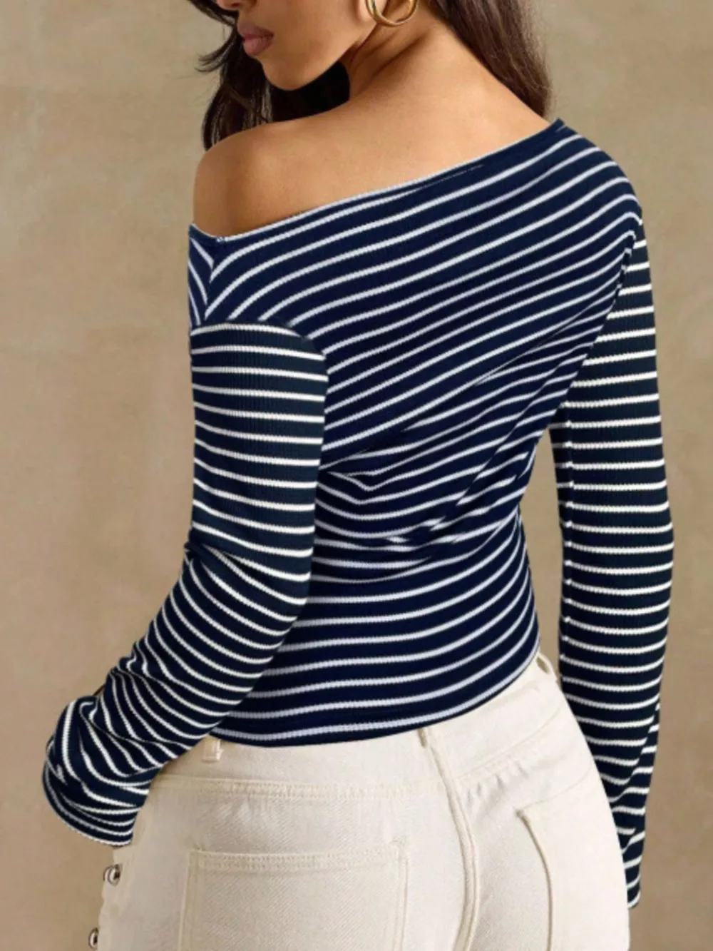 Off-Shoulder Striped Ribbed Long Sleeve T-Shirt, image 21