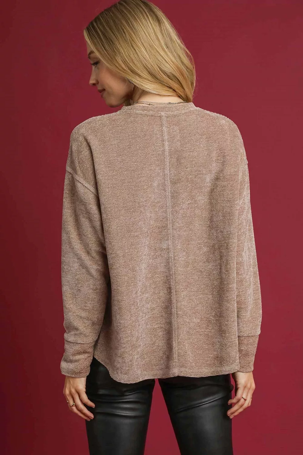 Round Neck Long Sleeve Side Slit Top, image 3