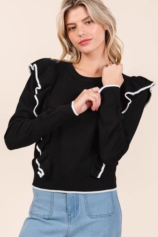 Contrast Trim Ruffled Round Neck Knit Top, image 2