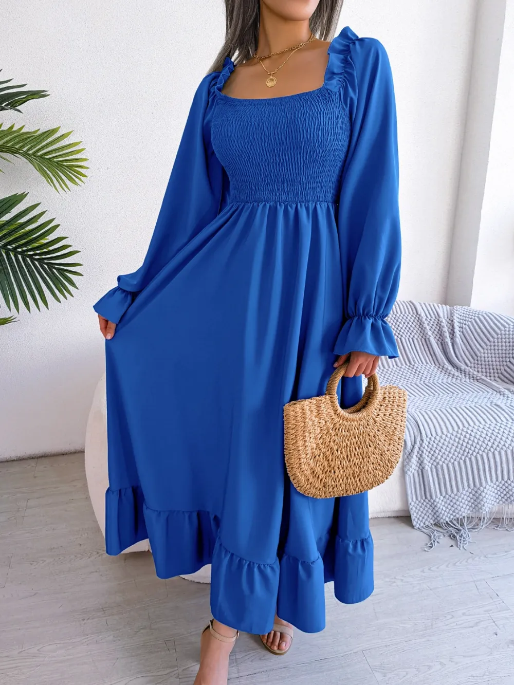 Smocked Square Neck Flounce Sleeve Dress, image 4