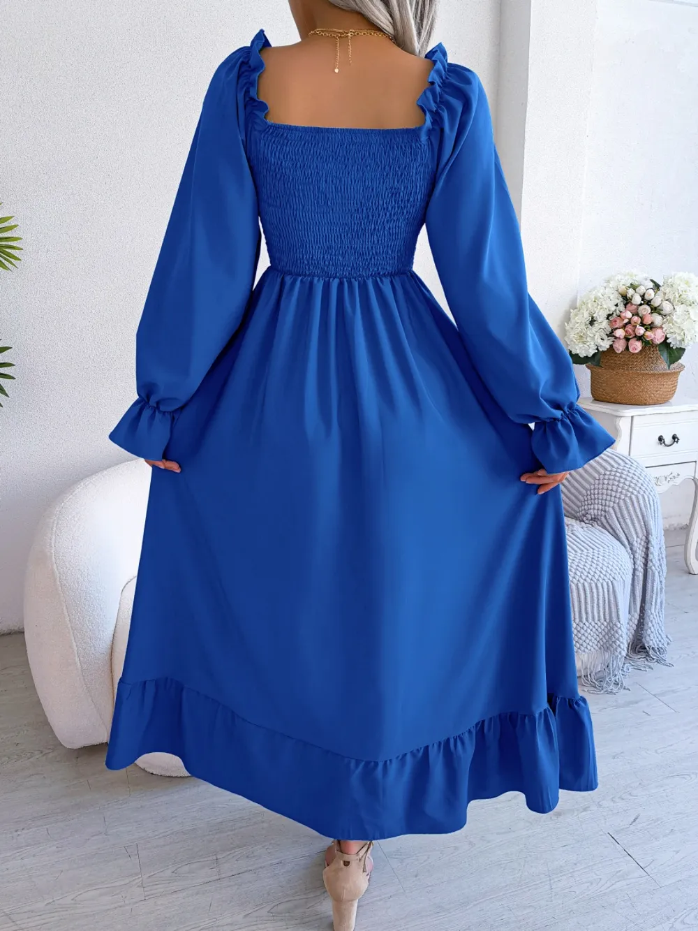 Smocked Square Neck Flounce Sleeve Dress, image 5