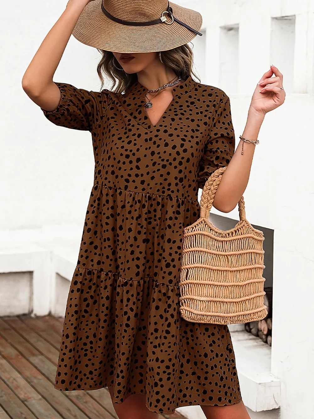 Printed Notched Half Sleeve Dress, image 2
