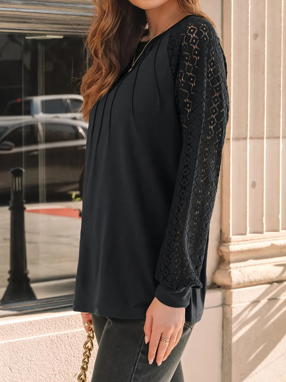 Eyelet Round Neck Long Sleeve Blouse, image 4