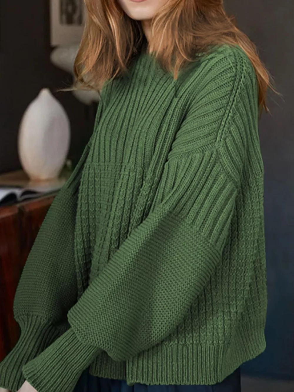 Textured Knit Round Neck Sweater, image 3
