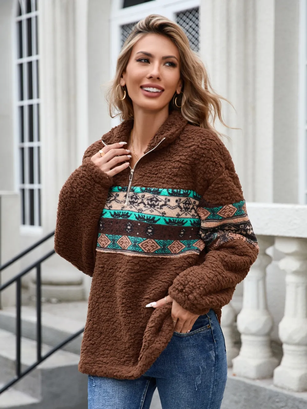 Half Zip Long Sleeve Fuzzy Top, image 4