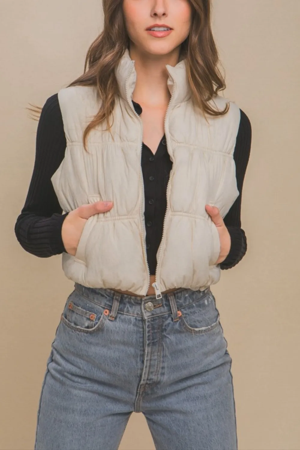 Zip Up Turtleneck Cropped Vest Coat, image 3