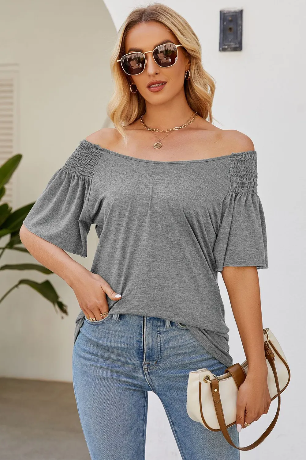 Smocked Round Neck Flutter Sleeve T-Shirt, image 6