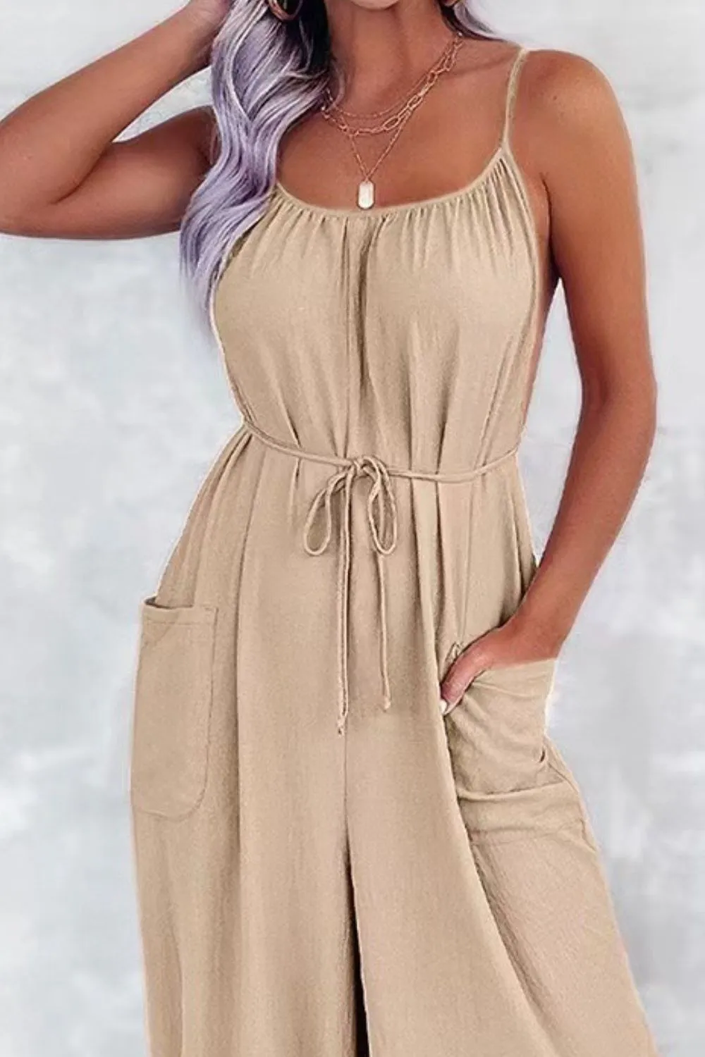 Casual Spaghetti Strap Wide Leg Jumpsuit with Pockets, image 2