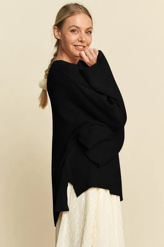 High-Low Round Neck Drop Shoulder Sweater, image 2