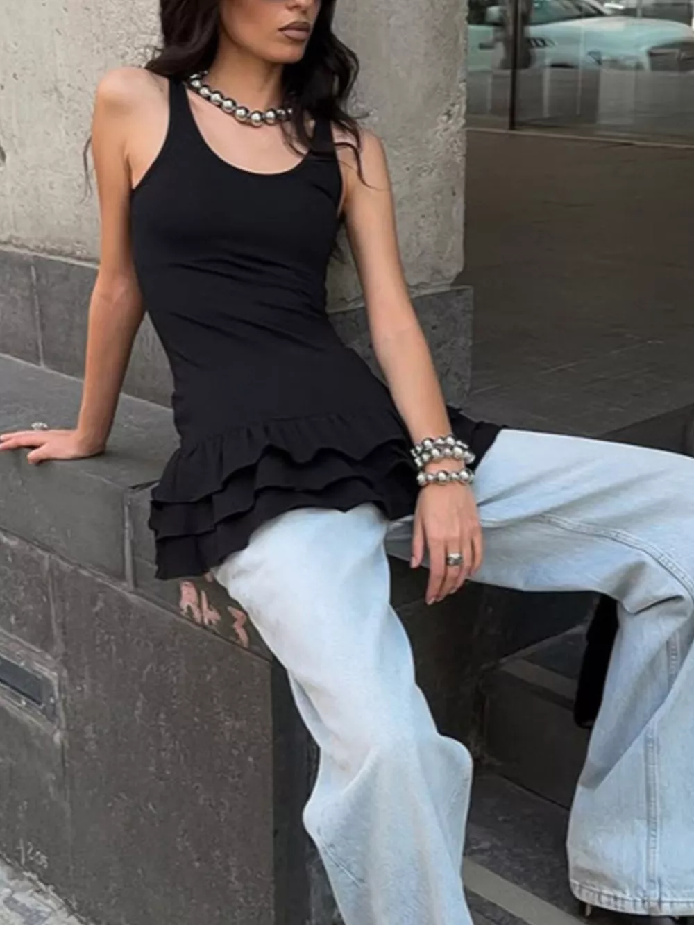 Ruffled Hem Round Neck Tank, image 2