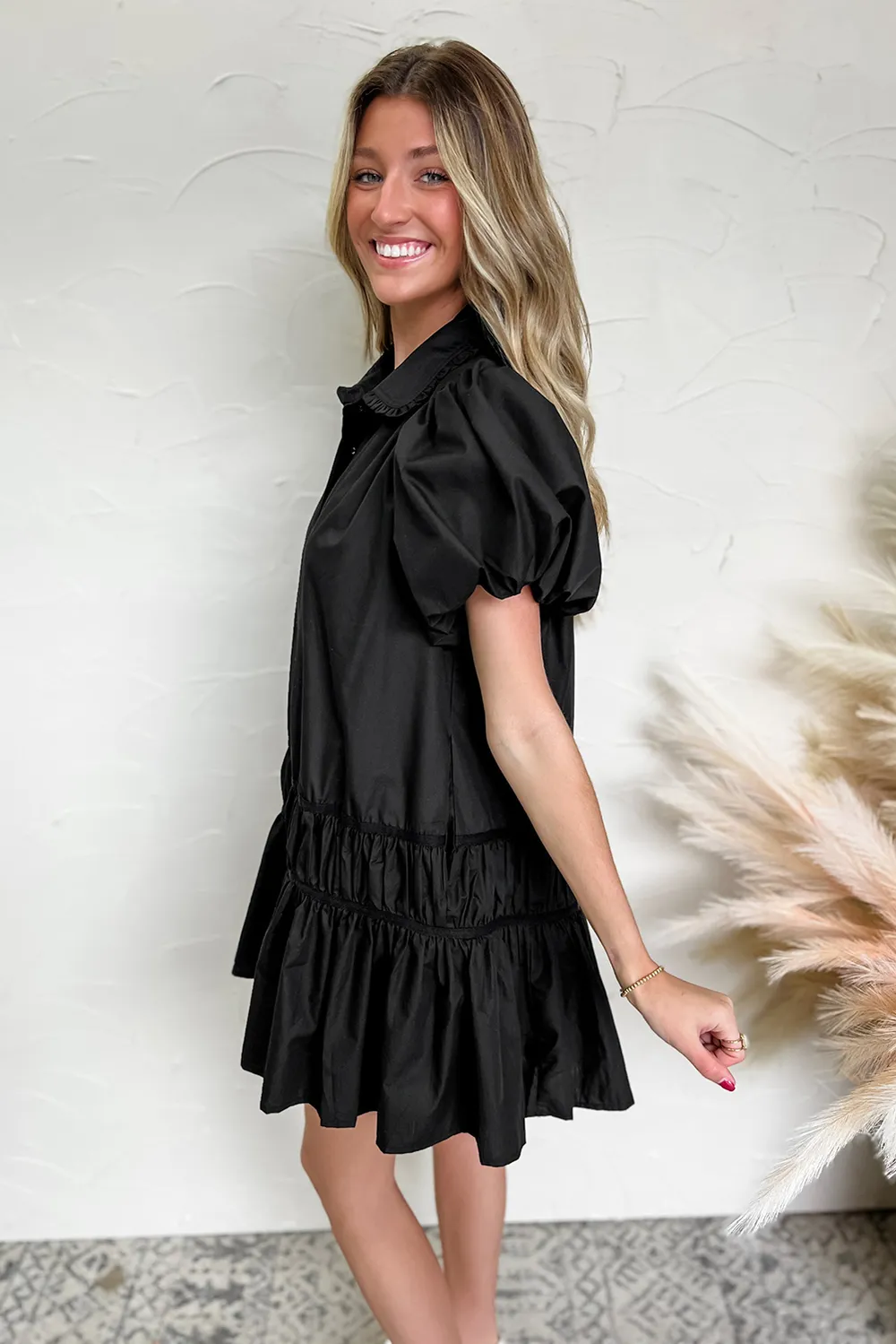 Button Down Puff Sleeve Ruffle Hem Dress, image 2
