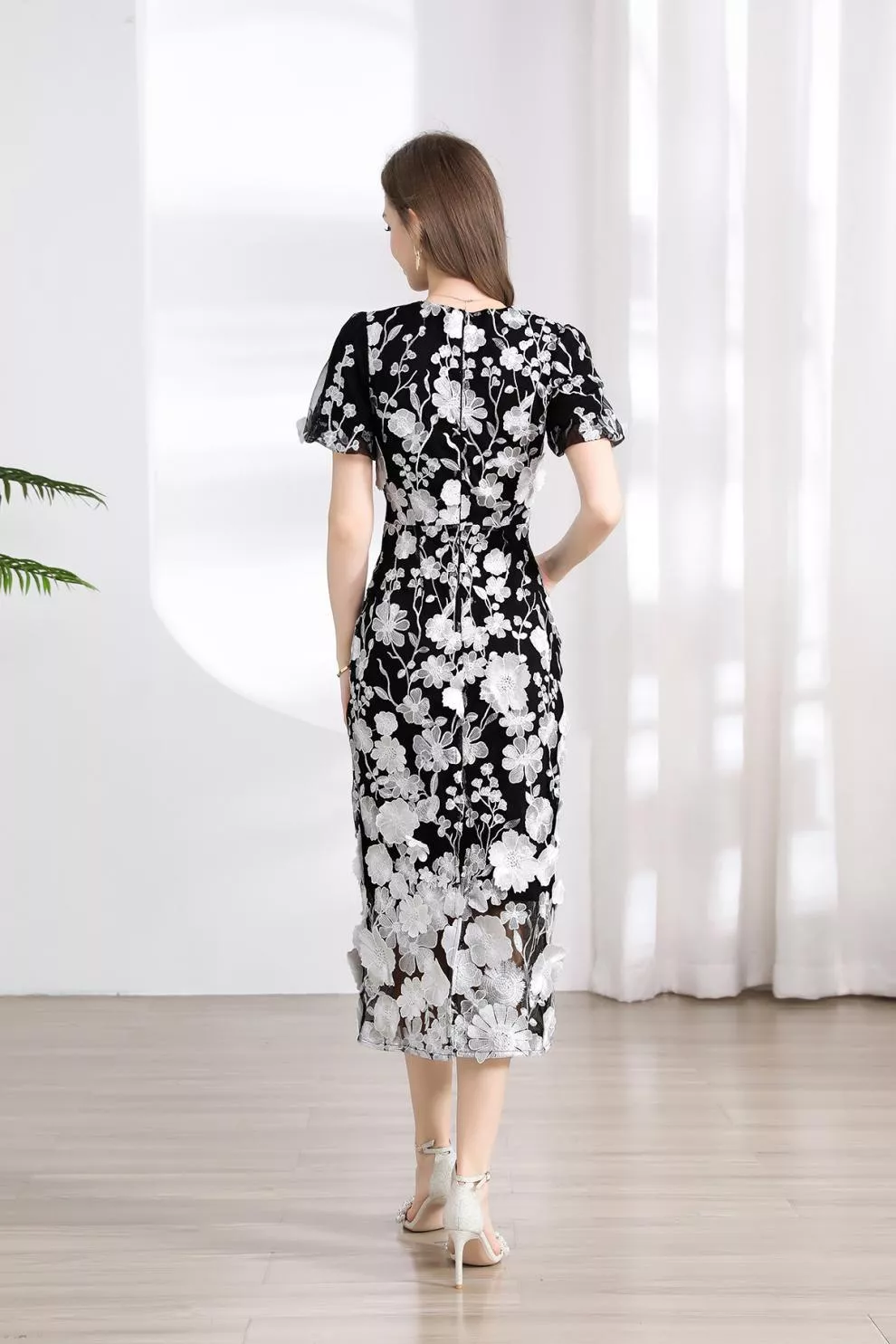 Floral Embroidered Puff Sleeve Midi Dress, image 27