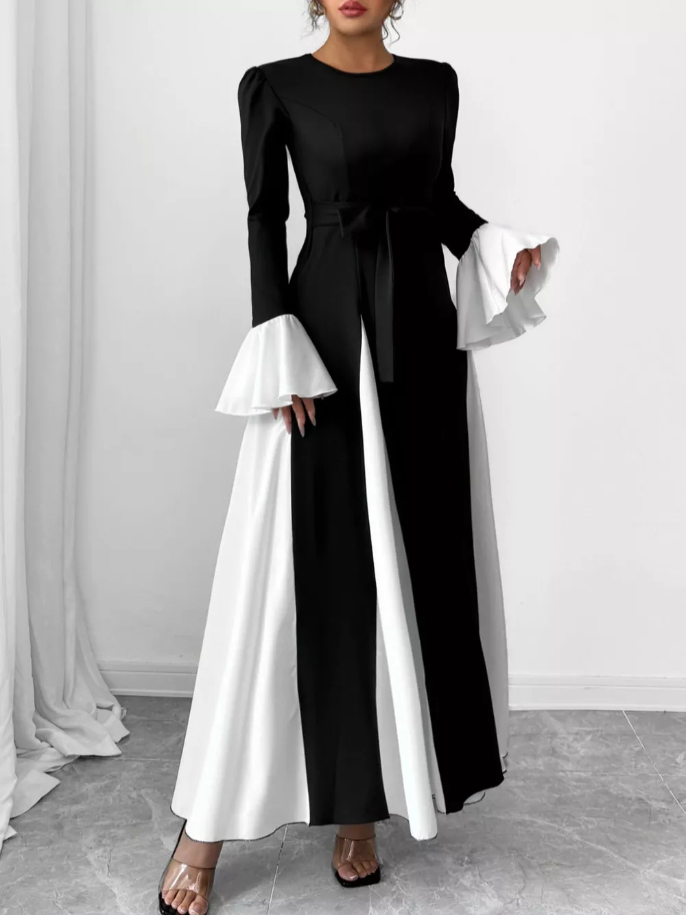 Contrast Round Neck Flare Sleeve Maxi Dress, image 2