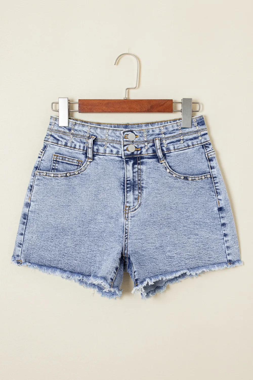Rhinestone Light Wash Raw Hem High Waist Denim Shorts, image 5