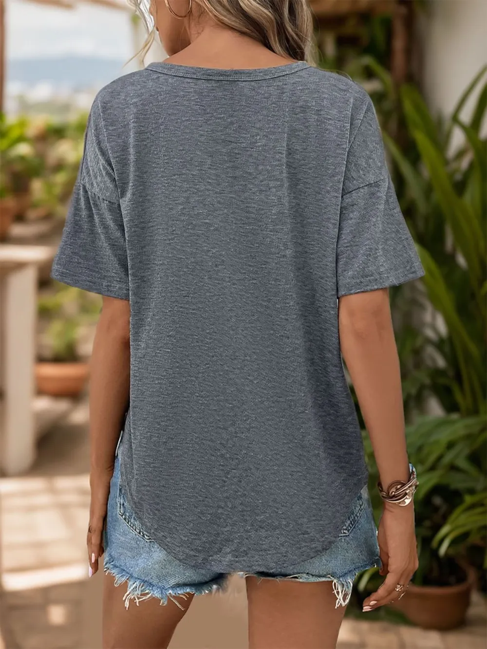 Notched Dropped Shoulder Half Sleeve T-Shirt, image 2