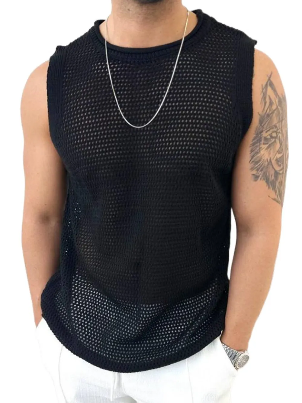 Men's Openwork Round Neck Sleeveless Knit Top, image 4