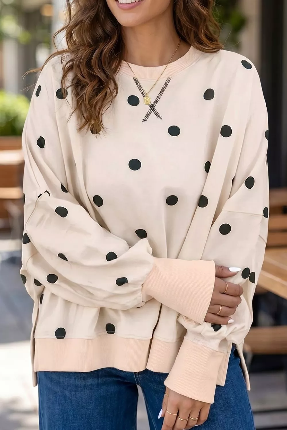 Loose-fit Long Sleeve Round Neck Polka Dot Tunic Sweatshirt, image 2