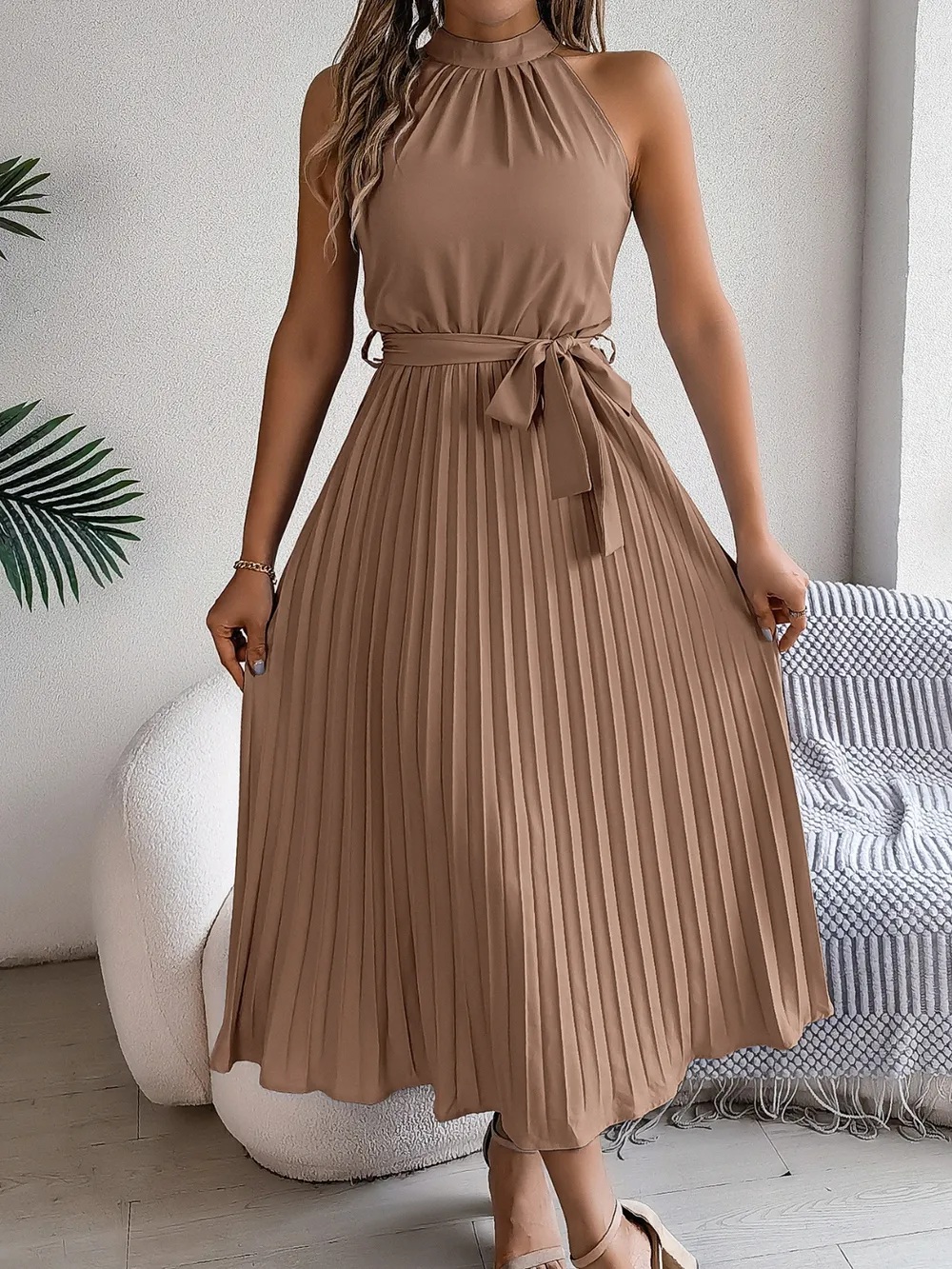 Grecian Neck Tie Waist Pleated Dress, image 16