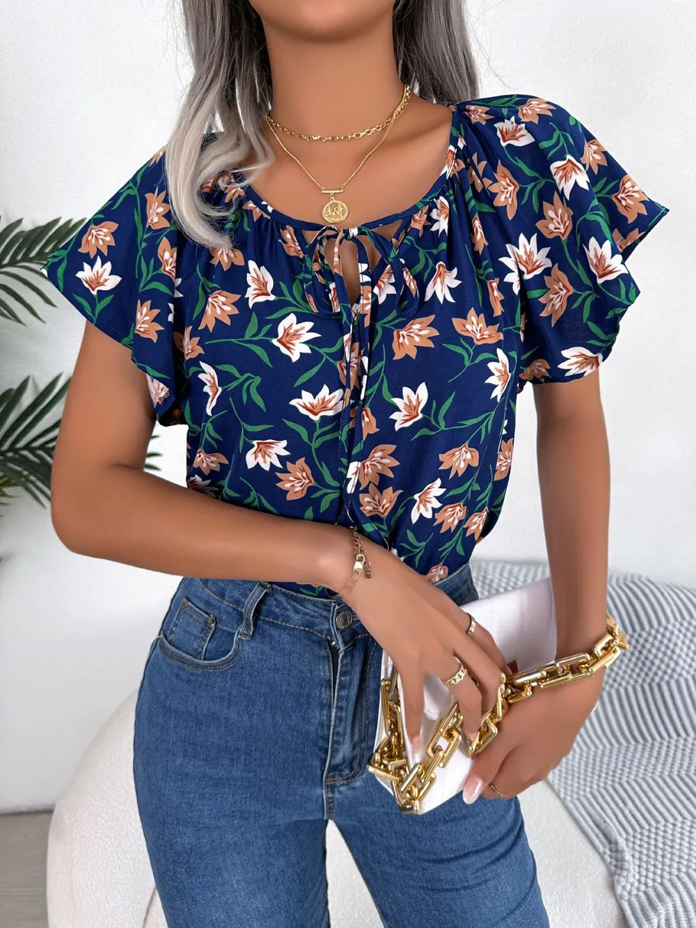 Floral Tie Neck Flutter Sleeve Blouse, image 9