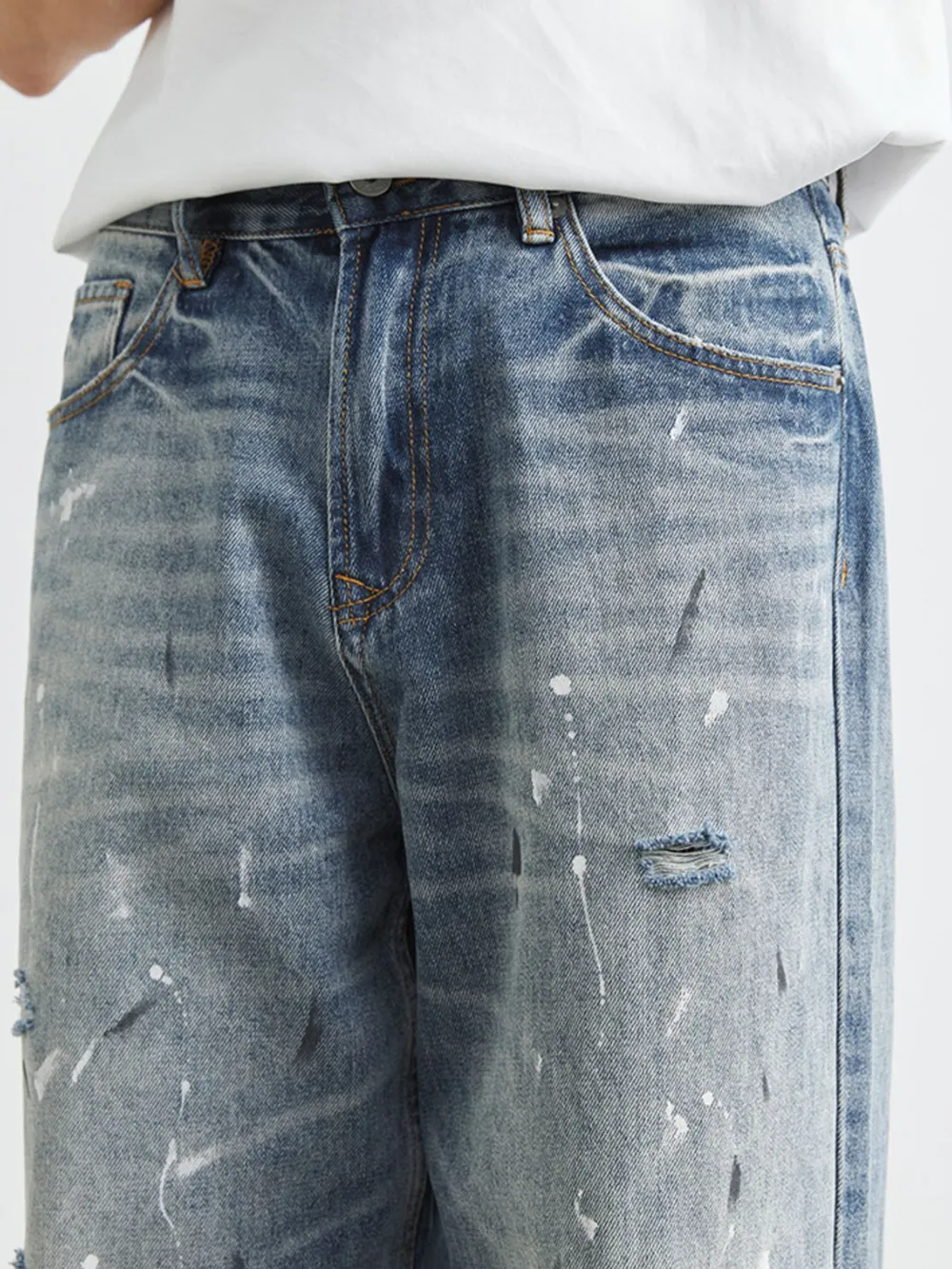 Men's Distressed Paint Splatter Relaxed Fit Jeans, image 6