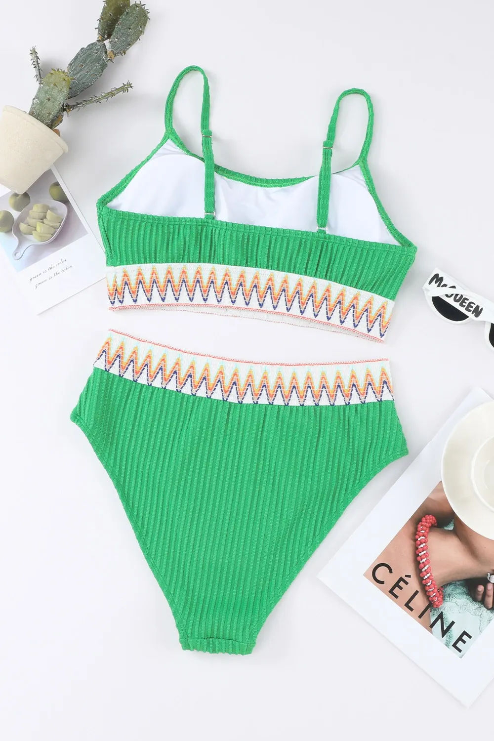 Textured Contrast Banding Bikini High Waist 2pcs Swimsuit, image 4