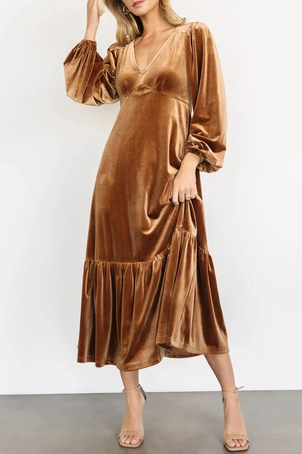 V-Neck Long Sleeve Midi Velvet Dress, image 9