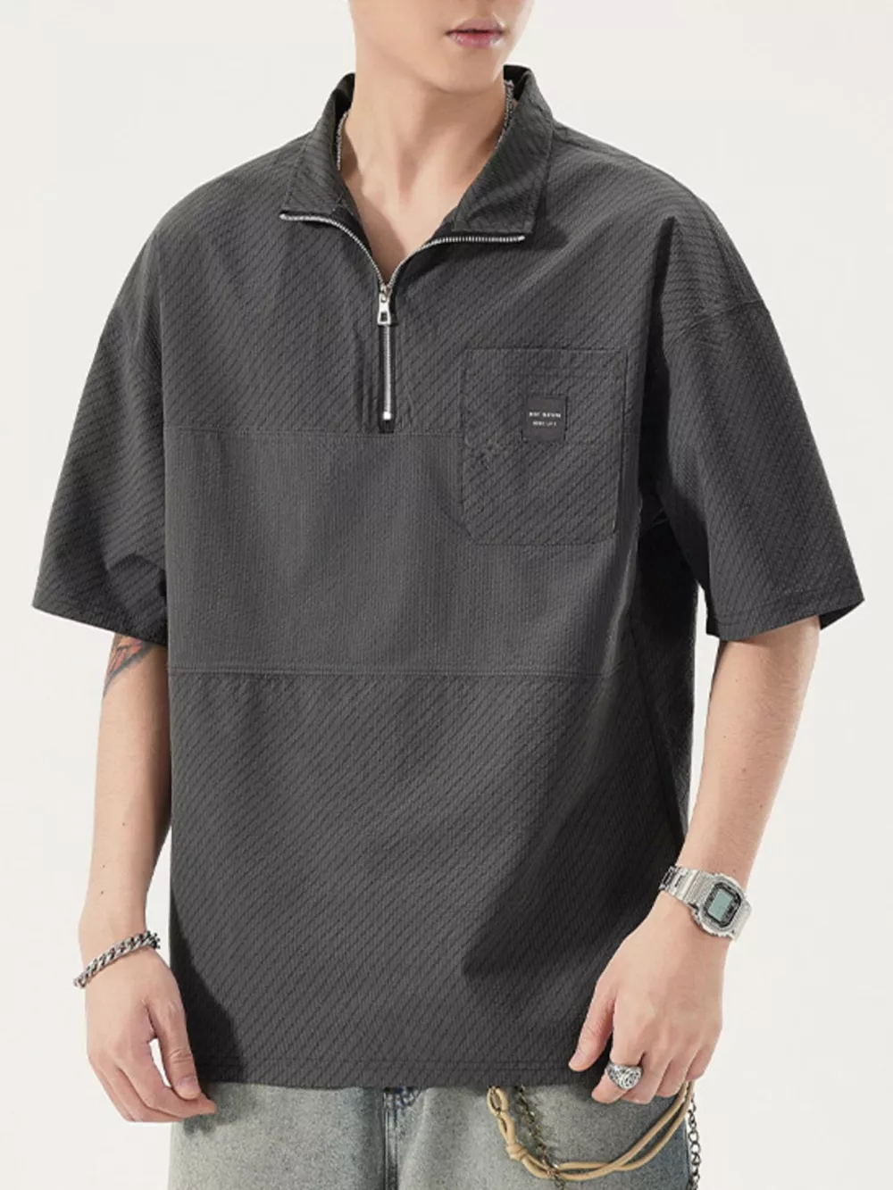 Men's Full Size Half-Zip Textured Oversized T-Shirt Plus Size, image 4