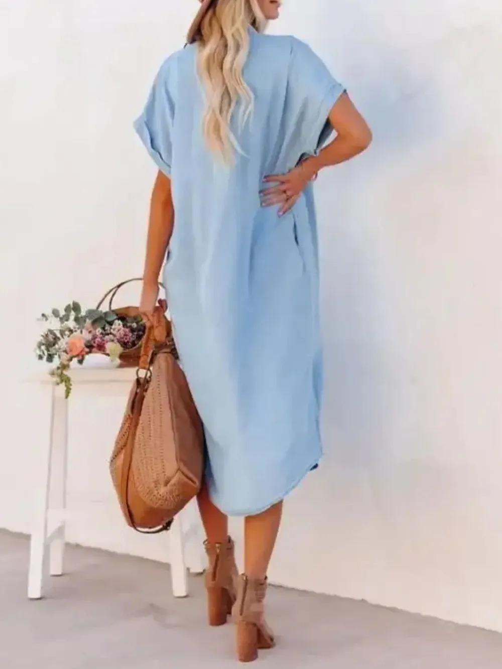 Button Down Denim Midi Shirt Dress, image 6