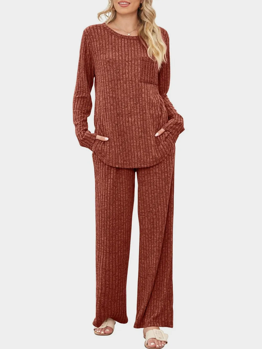 Round Neck Long Sleeve Top and Pants Set, image 9