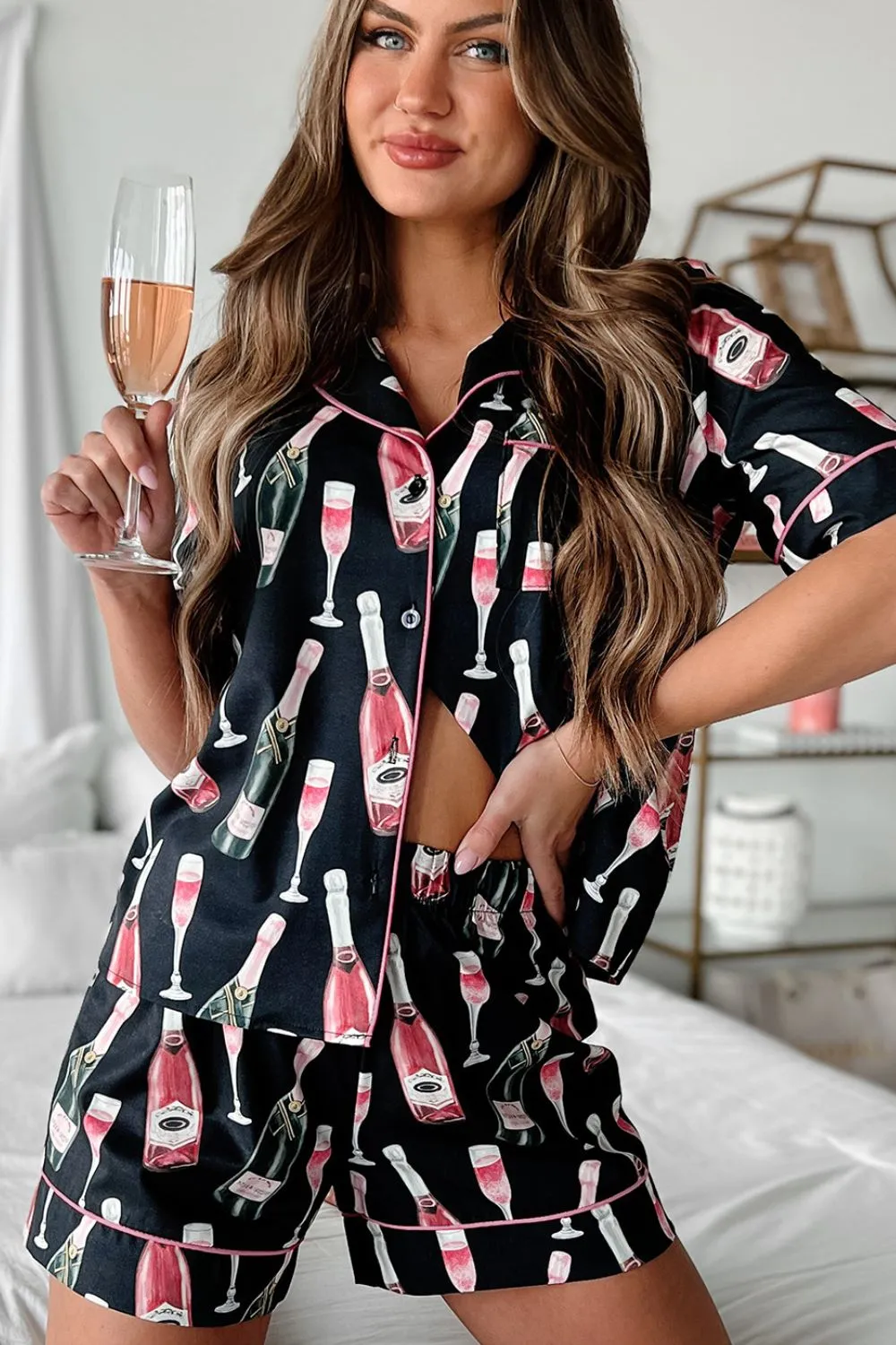 Champagne Print Short Sleeve Top and Shorts Set, image 3