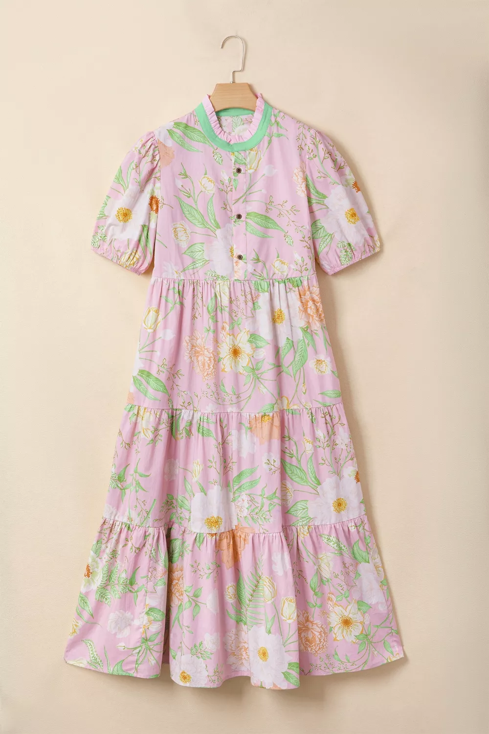 Floral Print Short Puff Sleeve High Waist Tiered Dress, image 2