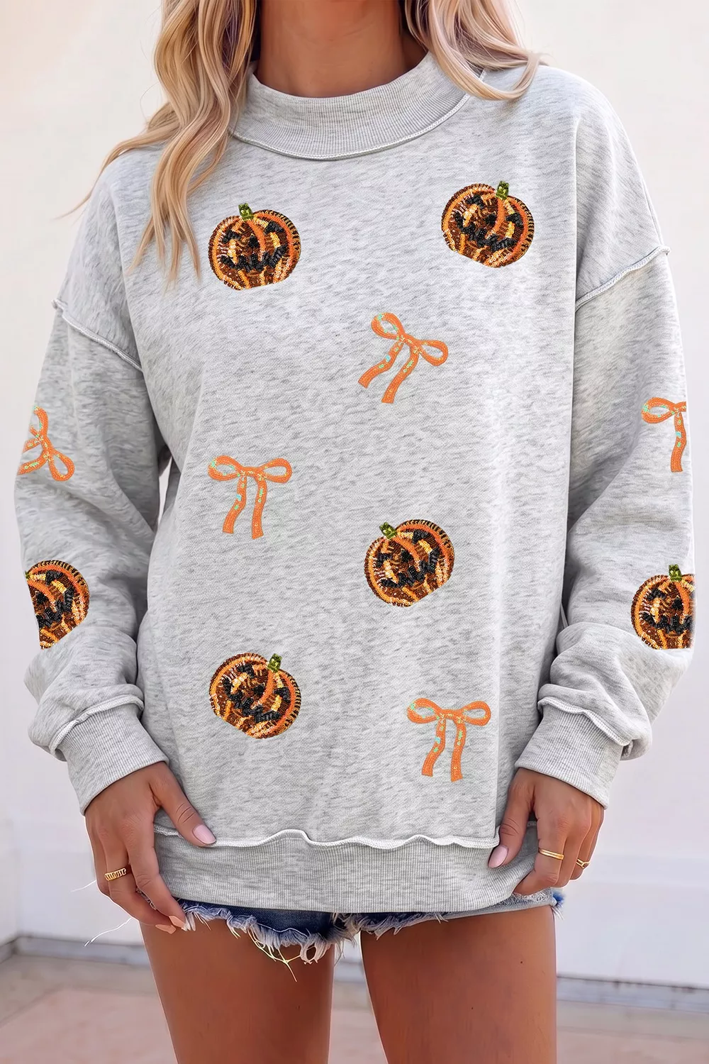 Sequin Pumpkin Face Bow Exposed Seam Halloween Sweatshirt, image 5