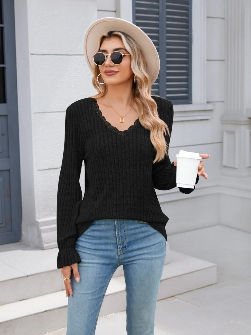 Lace Detail V-Neck Long Sleeve T-Shirt, image 13