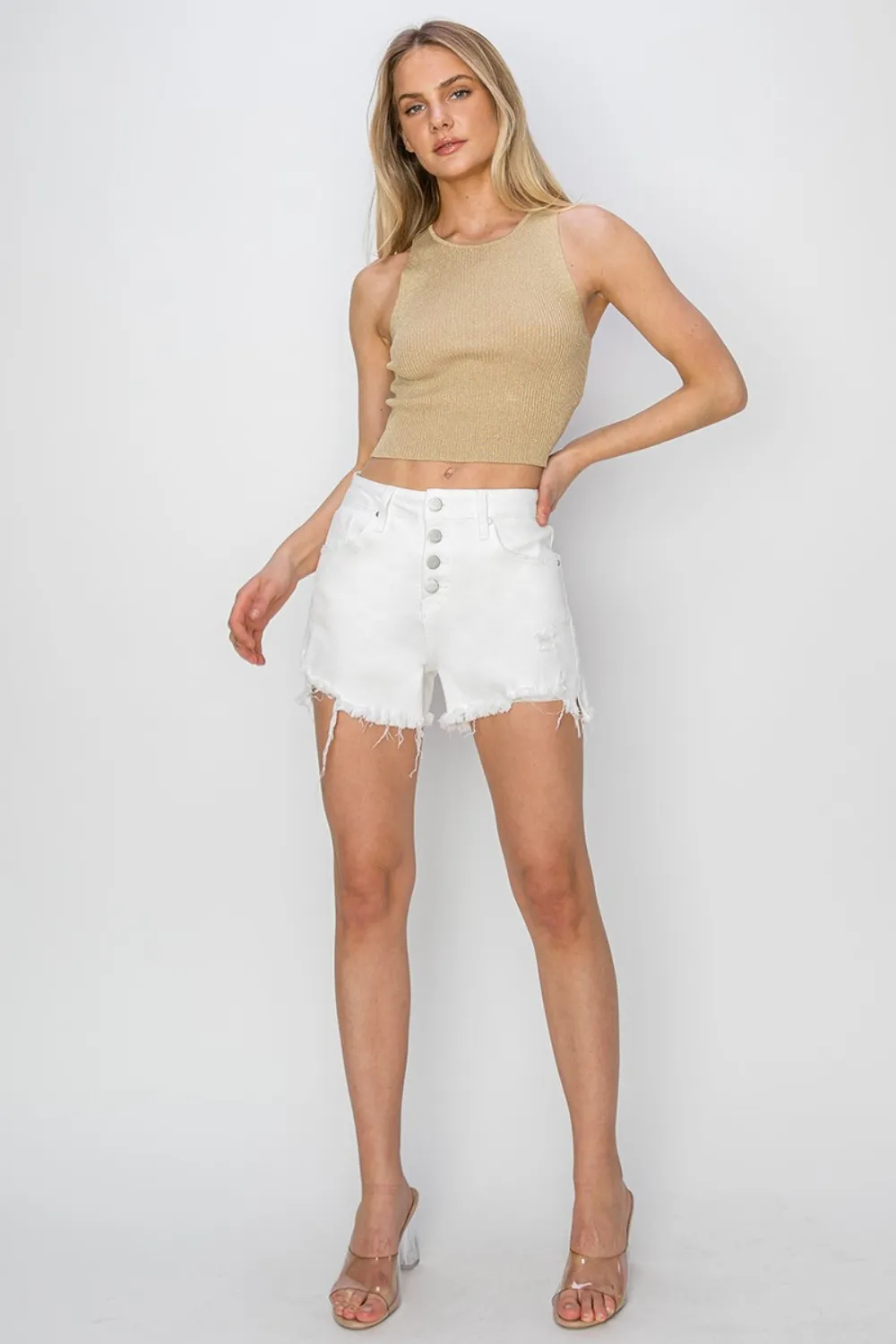 Button Fly Frayed Hem Denim Shorts, image 2