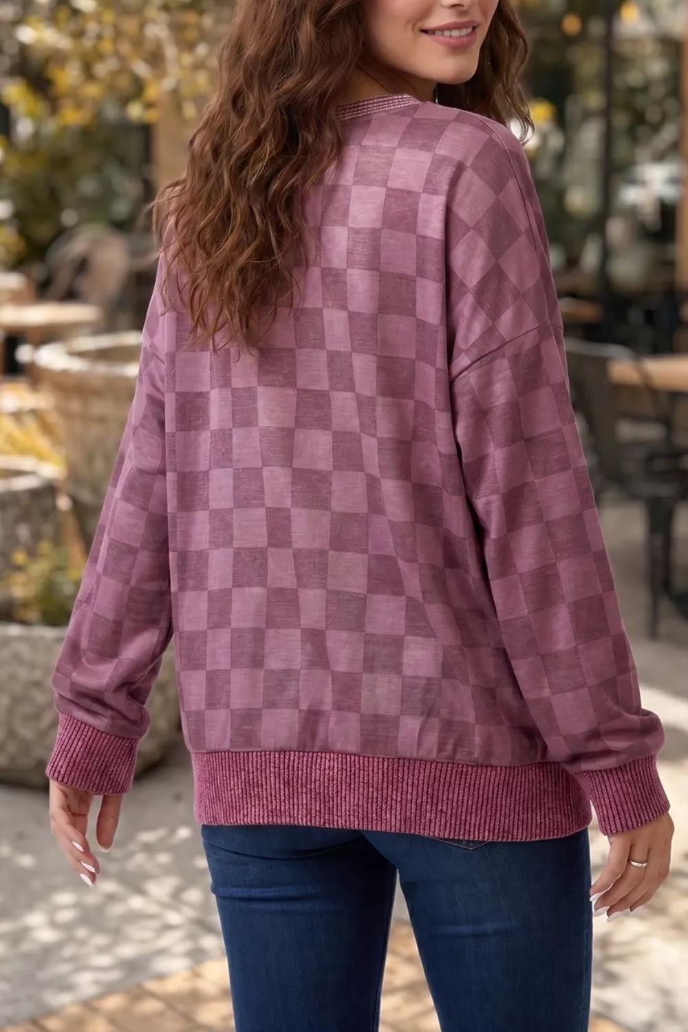 Ribbed Trim Checkered Print Long Sleeve Pullover Top, image 2