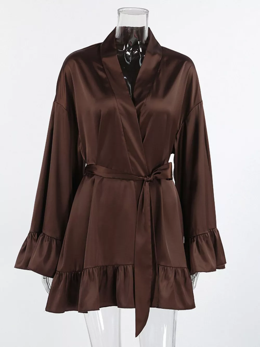 Satin Ruffle-Trim Lounge Nightgown Robe, image 6