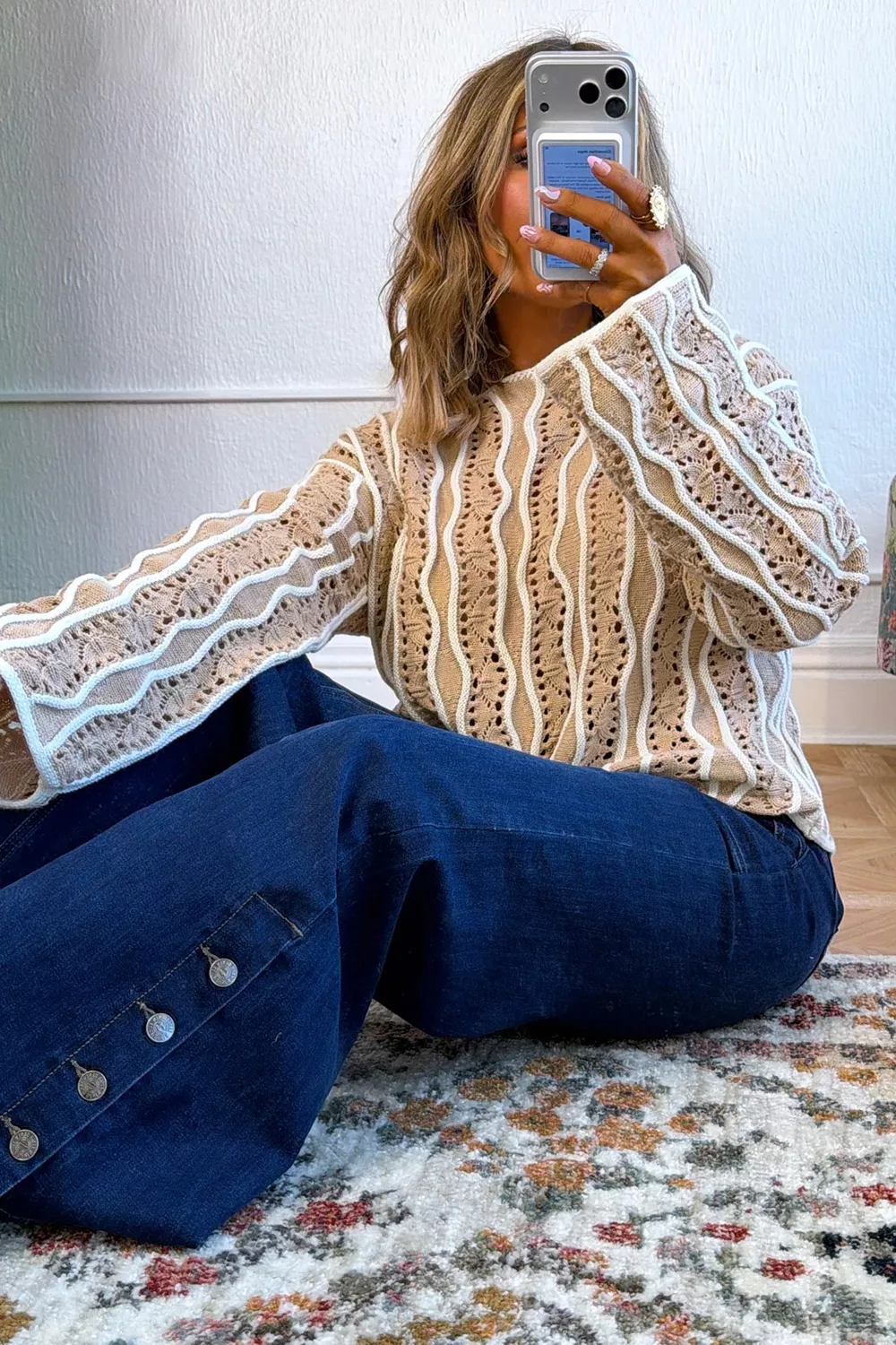 Contrast Wavy Striped Openwork Knit Top, image 5