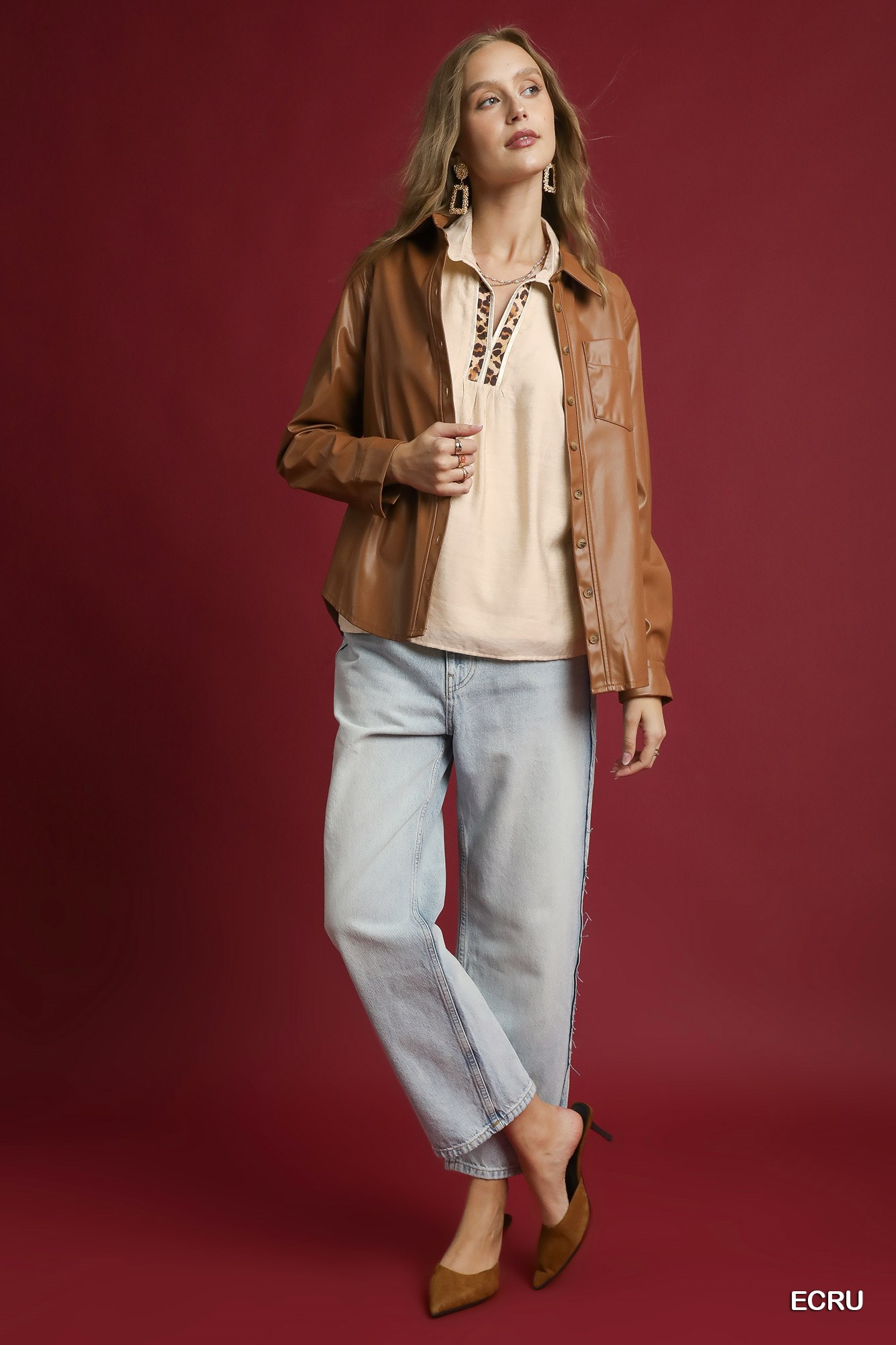 Long Sleeve Blouse with Leopard Print Trim, image 4
