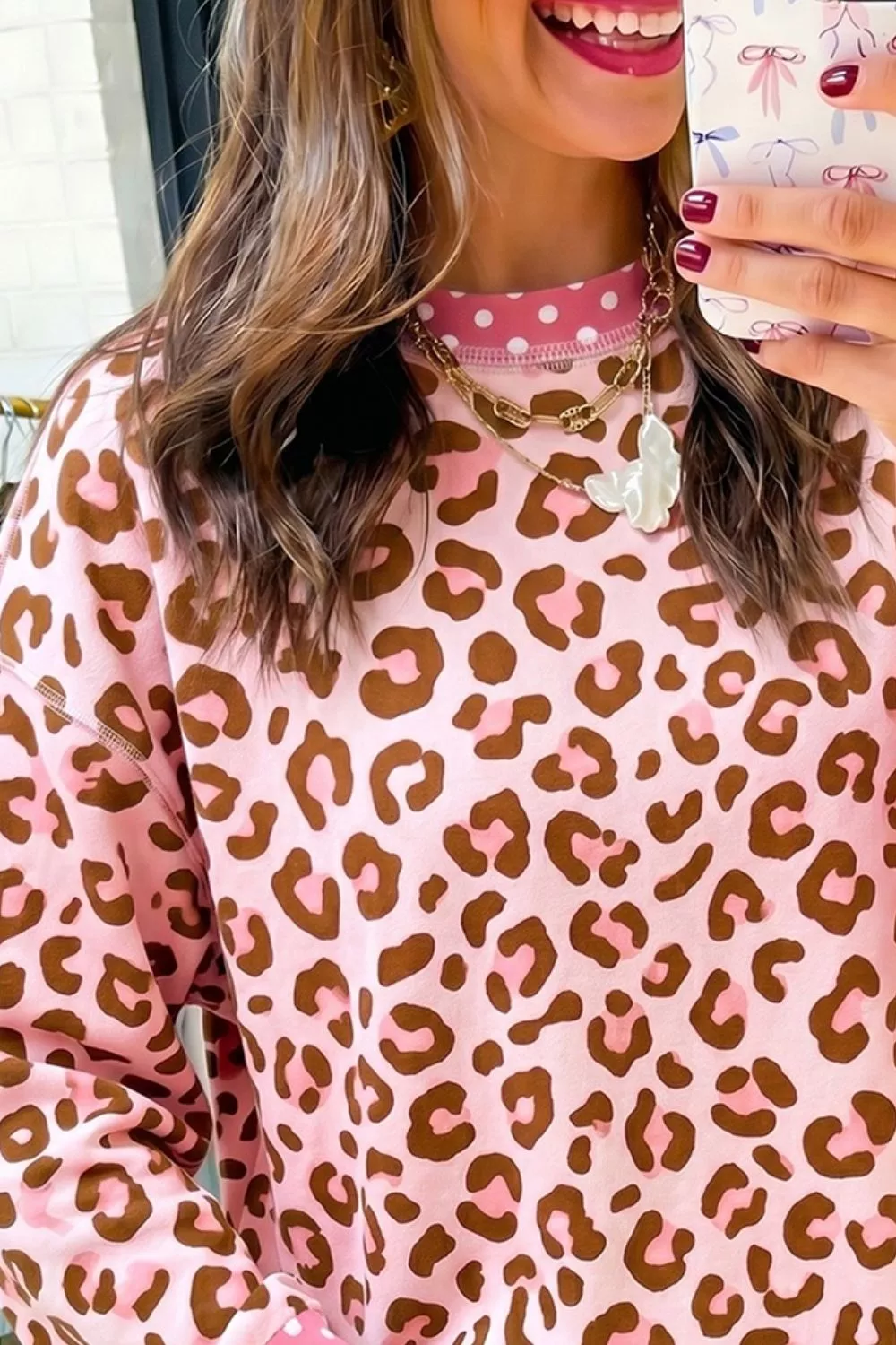 Polka Dot Contrast Trim Leopard Round Neck Sweatshirt, image 3