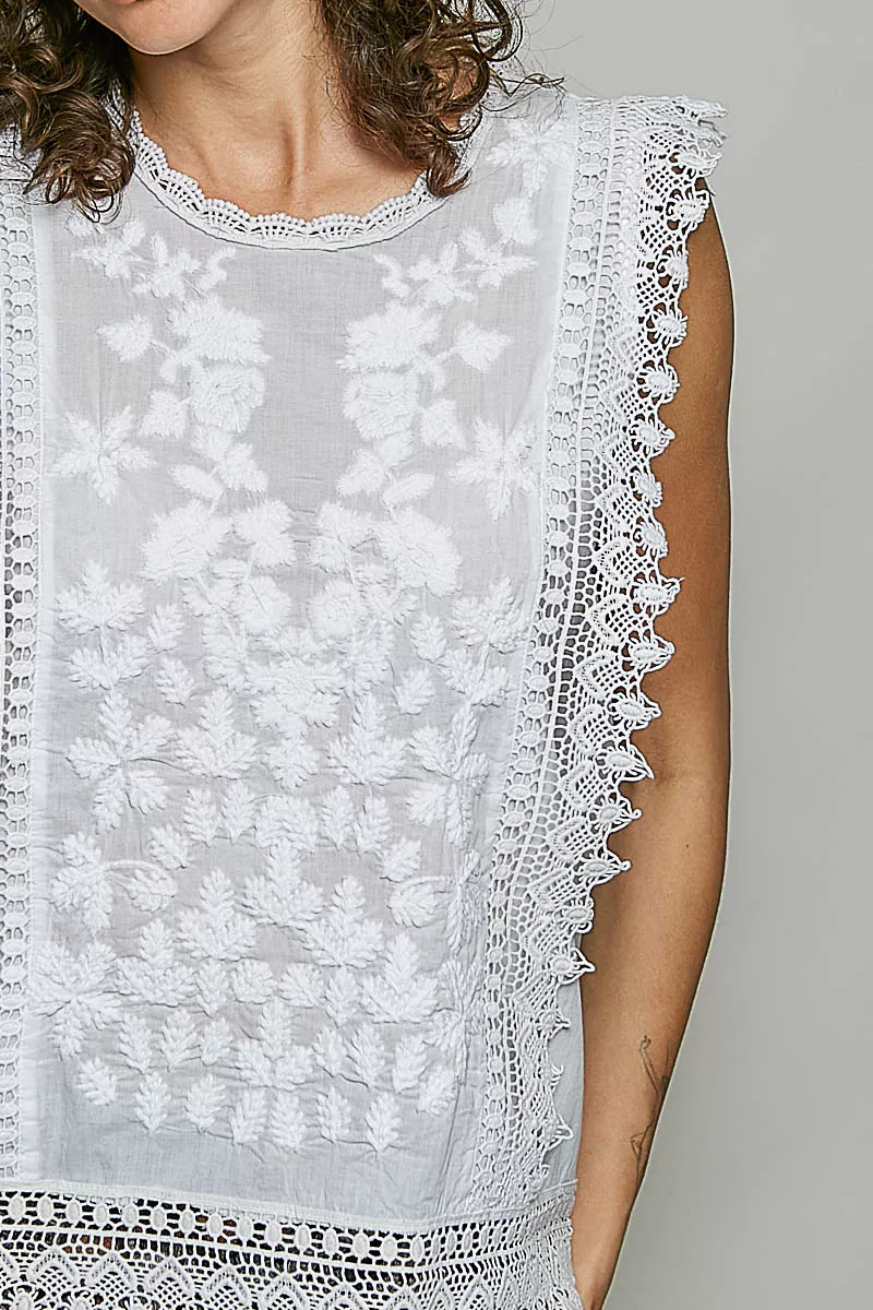 POL Allover Botanical Embroidered Scalloped Lace Sleeveless Top, image 6