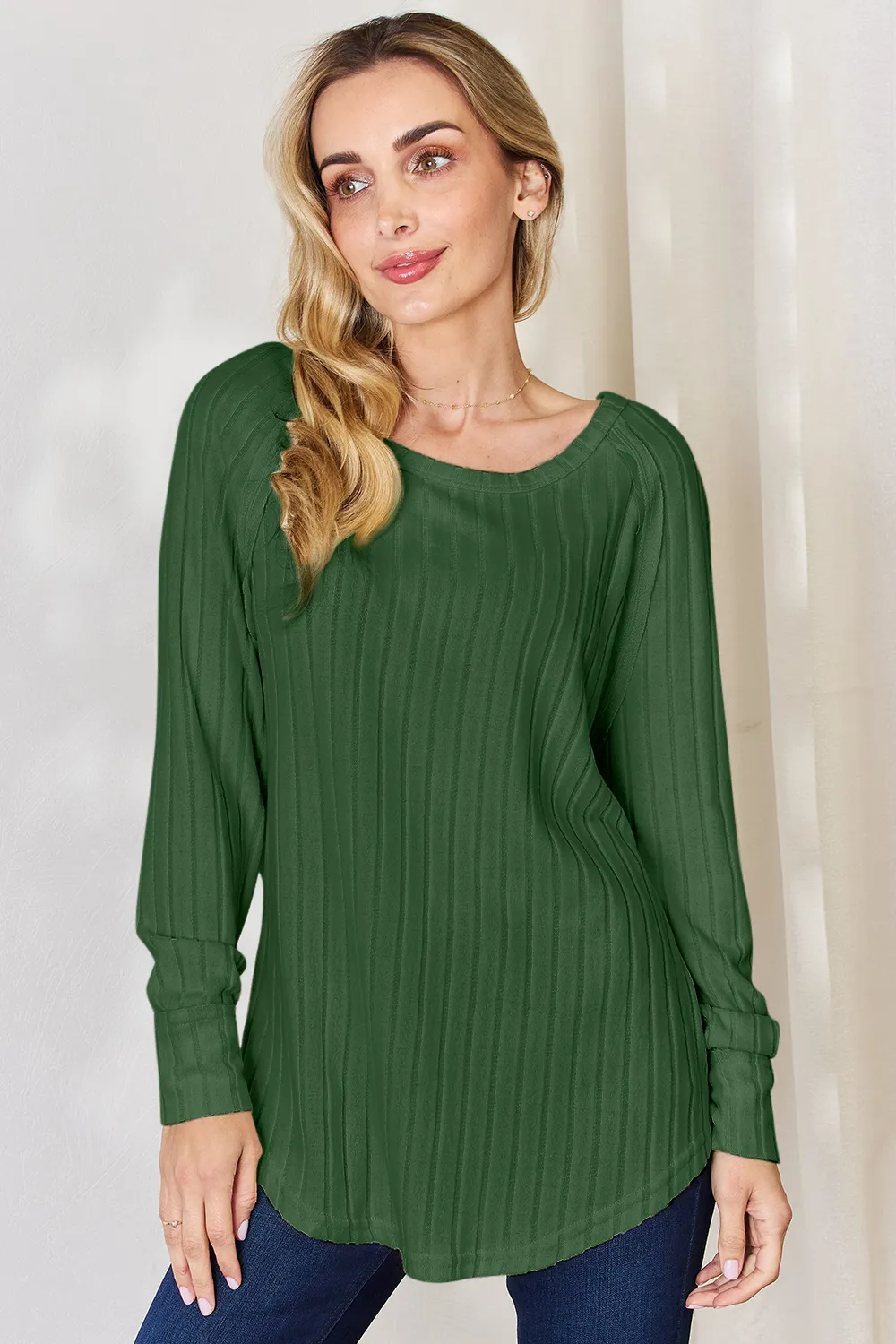 Full Size Ribbed Round Neck Slit T-Shirt, image 7