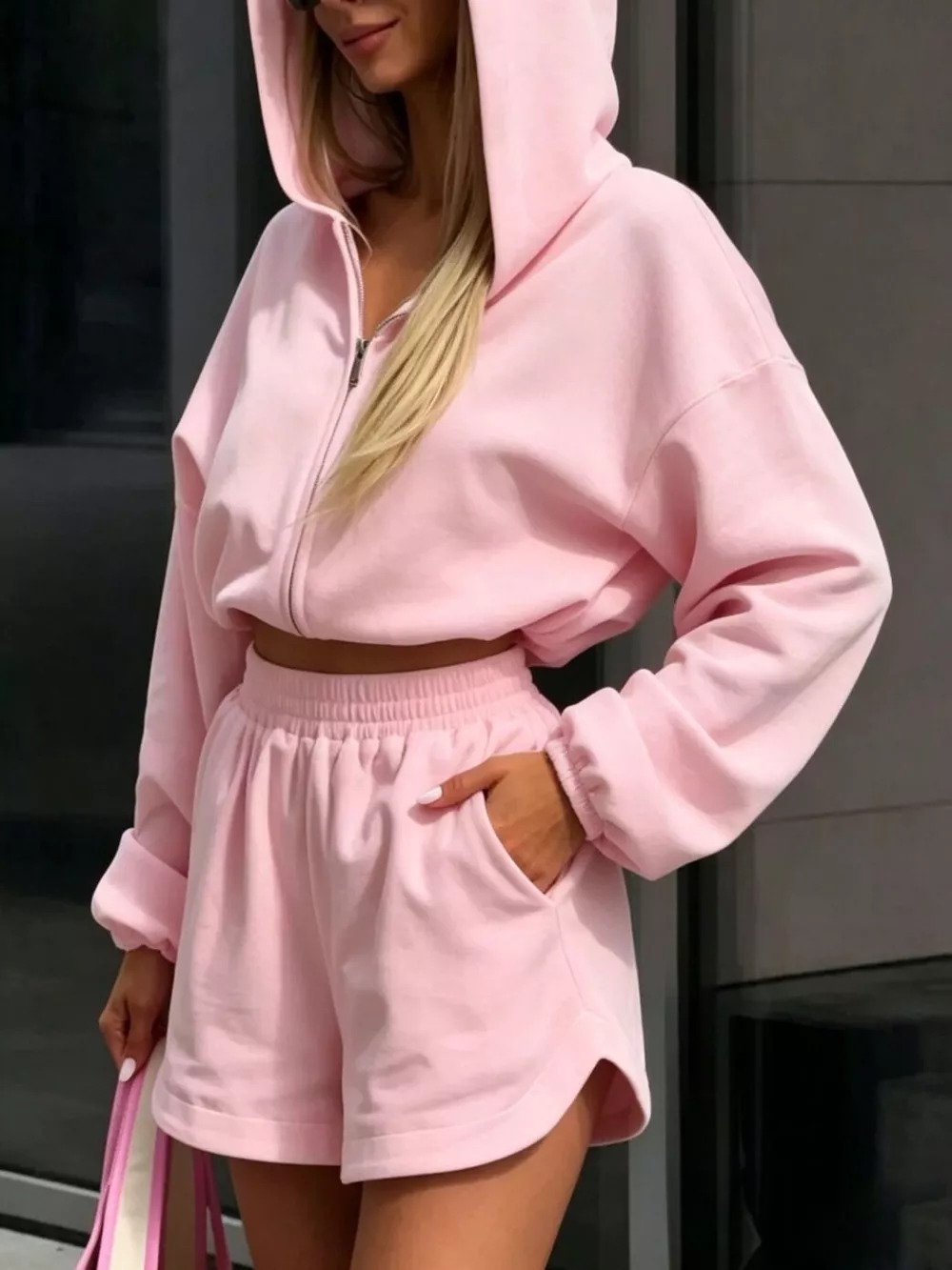Zip Up Crop Hoodie and Shorts Set, image 2