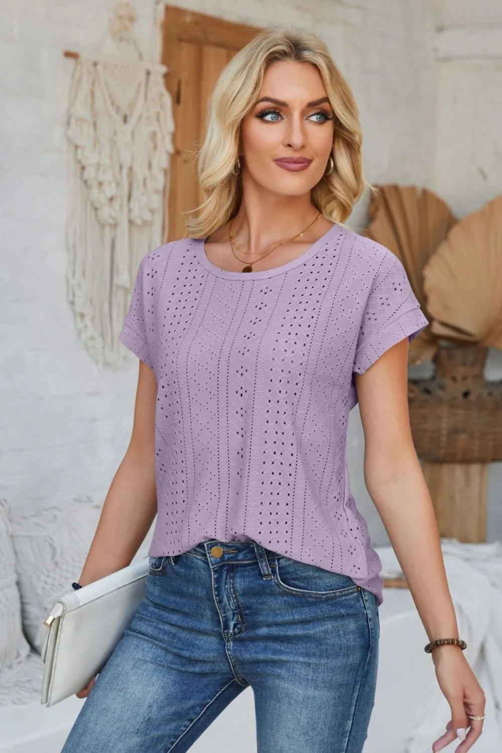 Eyelet Round Neck Rolled Short Sleeve T-Shirt, image 36