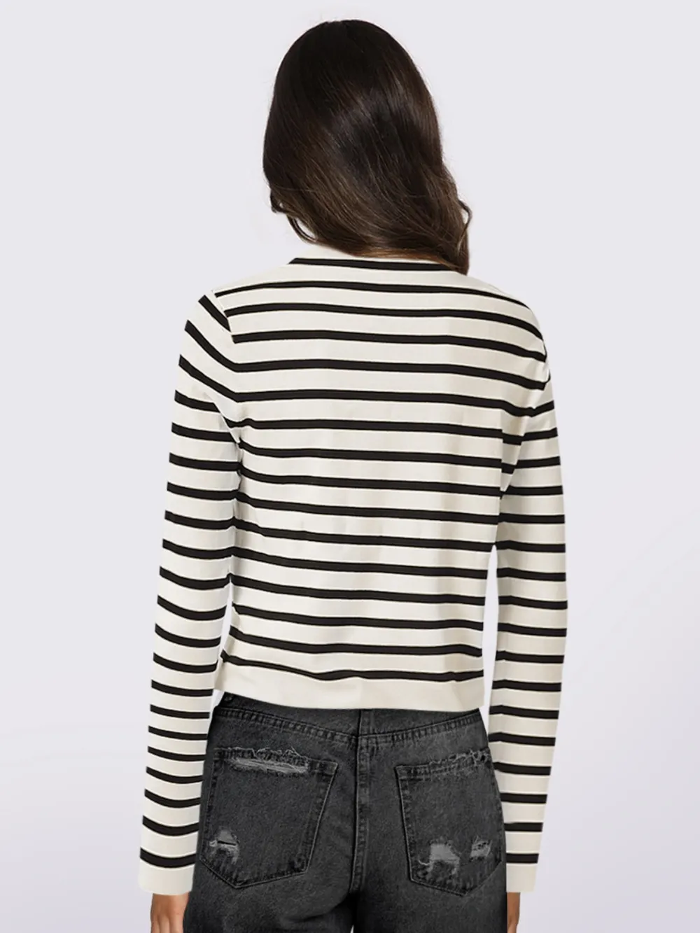 Striped Round Neck Button Up Long Sleeve Cardigan, image 3