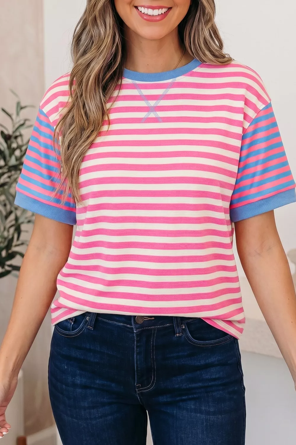 Stripe Contrast Patchwork Short Sleeve Loose Tee