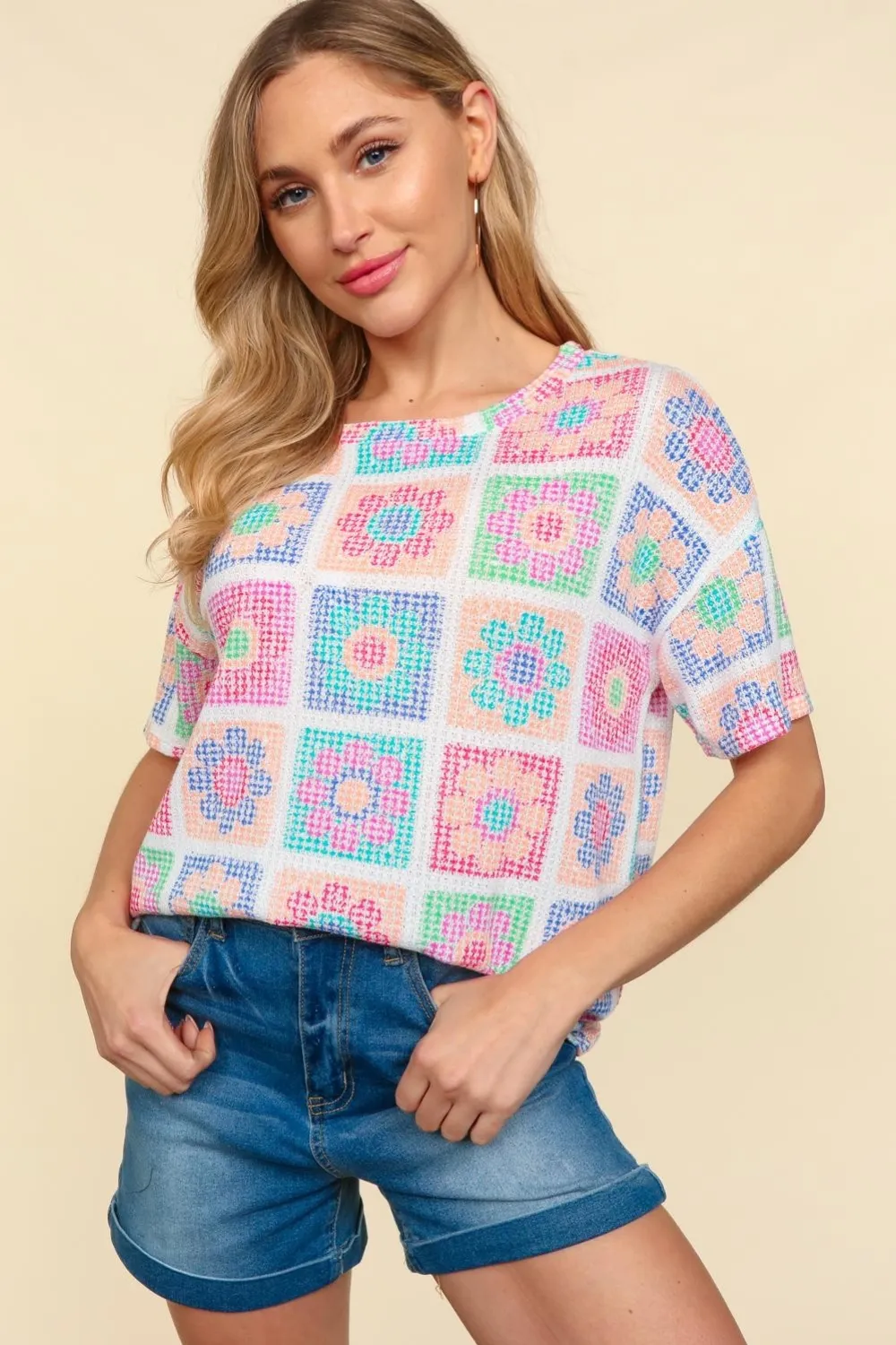 Flower Print Round Neck Short Sleeve T-Shirt, image 2