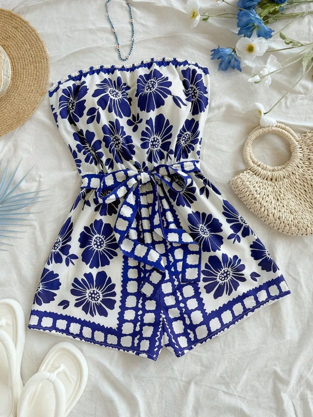 Printed Tube Tie Waist Romper, image 5