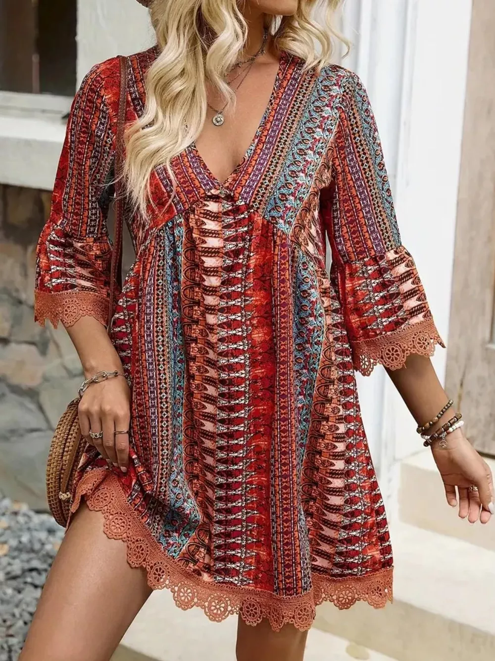 Printed V-Neck A-Line Dress, image 7