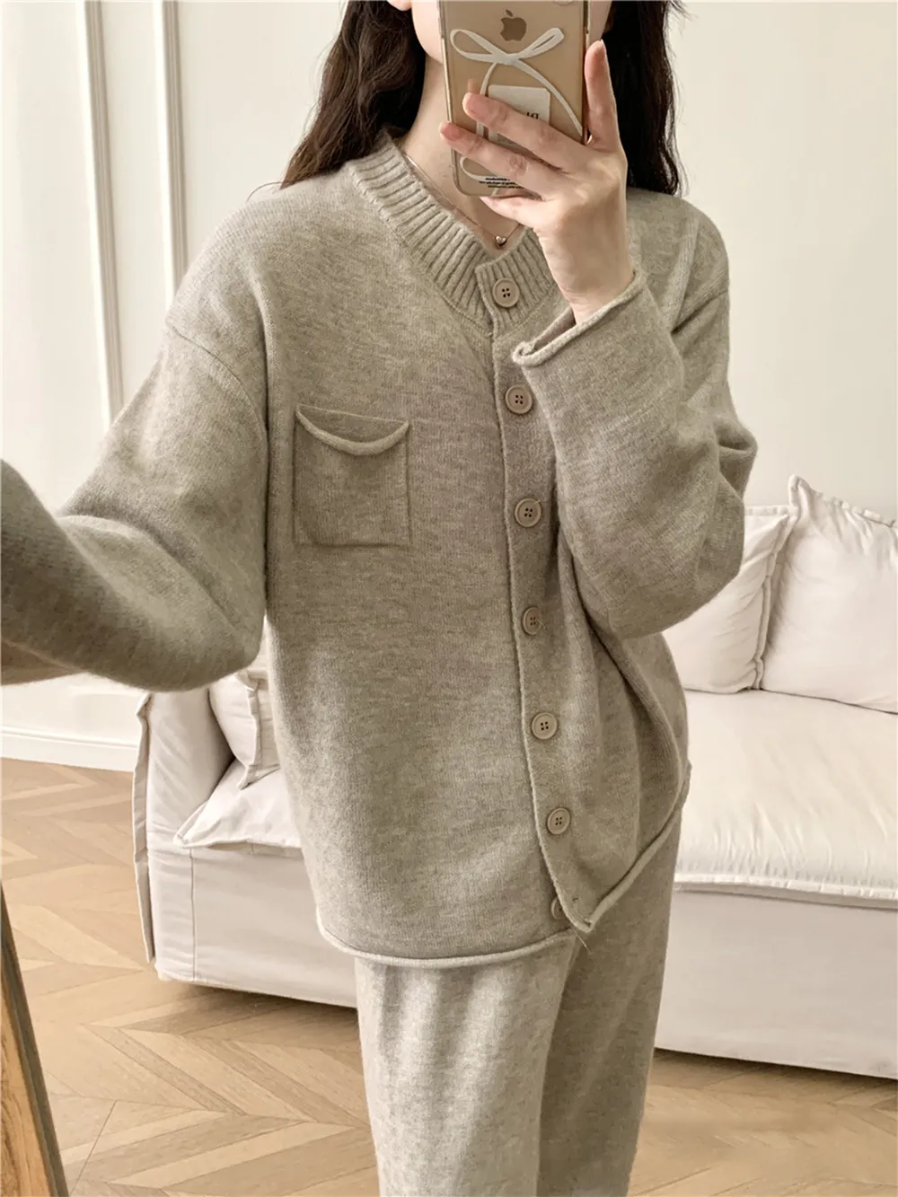 Pocketed Round Neck Button Up Cardigan and Pants Sweater Set, image 16